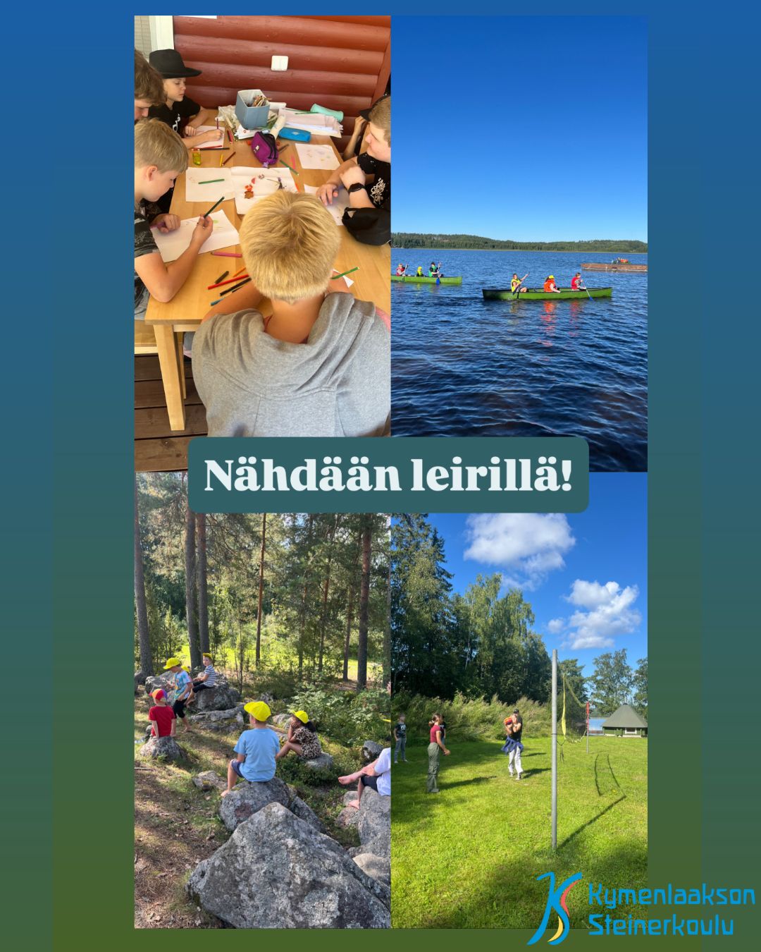 Neljä kuvaa leirikoulu elämästä. Veneilyä, oppitunteja ja pelailua.